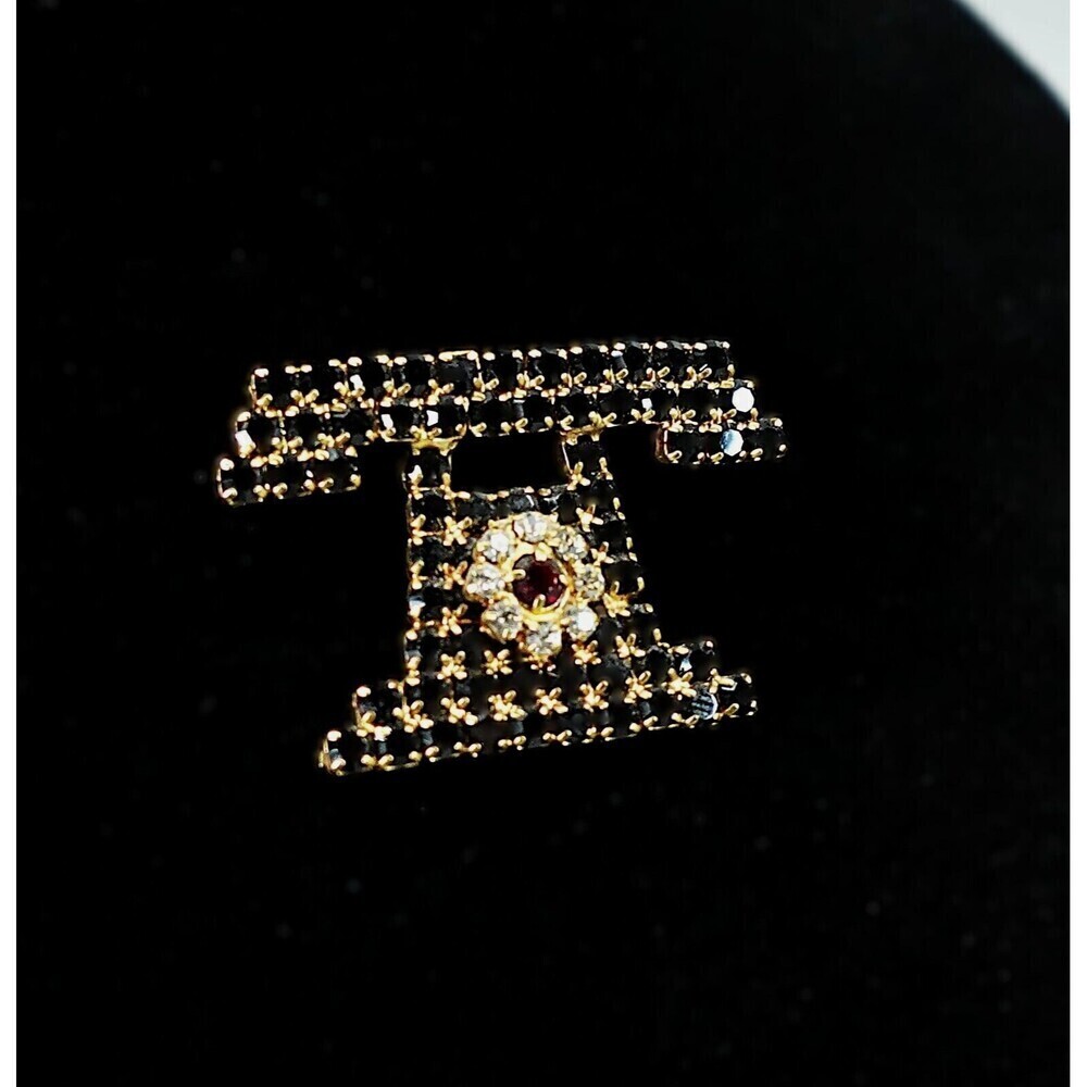 Vintage Telephone Rhinestone Brooch Black Gold Tone Rotary Old School Novelty - Picture 5 of 14